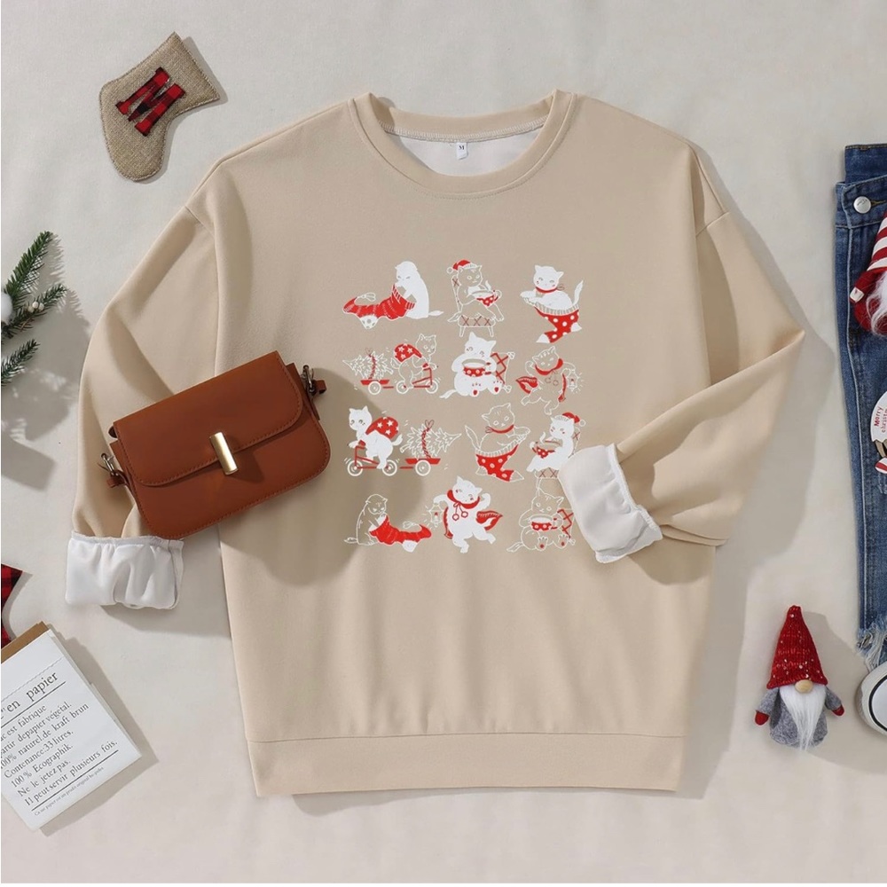 Women Christmas Meowy Catmas Crewneck Sweatshirt Long Sleeve Oversized Size XL